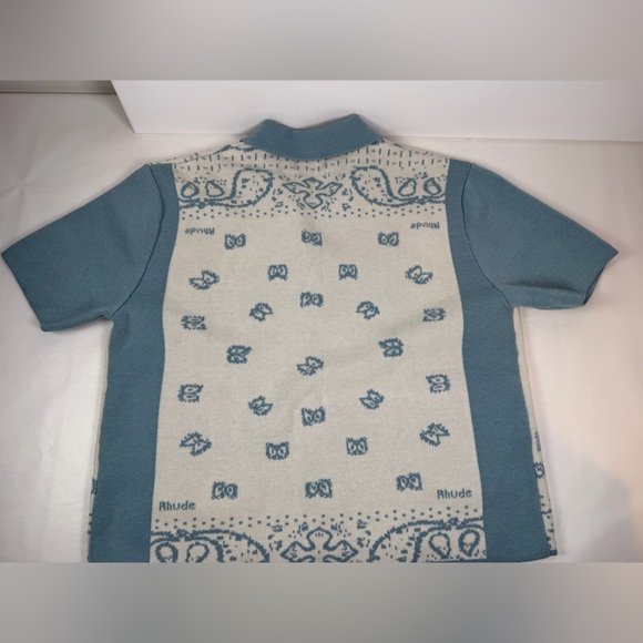 RHUDE Men's Blue Cream Button Down Banco Knit Short Sleeve Shirt Size Med - Picture 2 of 12